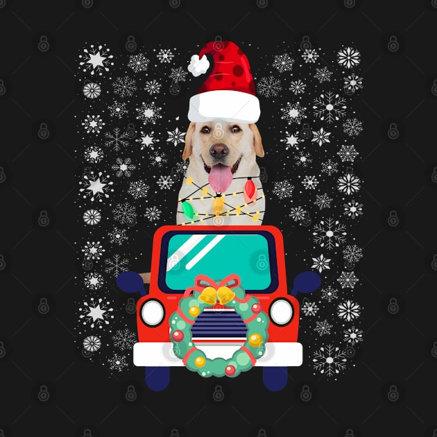 Christmas Labrador Retriever Dog red truck tree lights snow by Marcekdesign