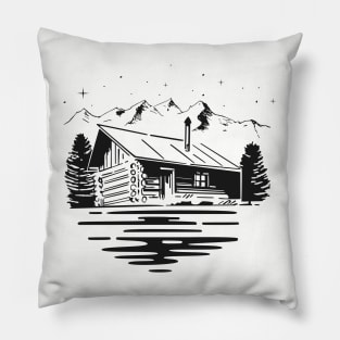 Wooden cabin in the middle of the forest Pillow