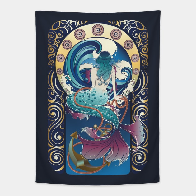 Blue Mermaid art nouveau Tapestry by AnnArtshock