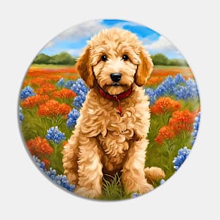 Goldendoodle Puppy in Texas Wildflower Field Pin
