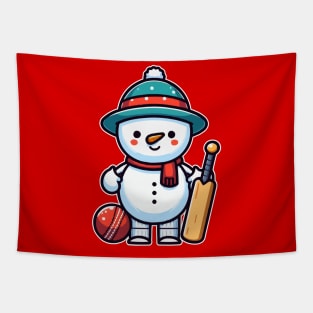 cute Snowman as a cricketer Tapestry