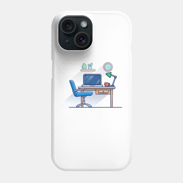 Work Bench, Desk, Laptop, Lamp, Plant, Cup, Clock And Floating Shelves Cartoon Phone Case by Catalyst Labs