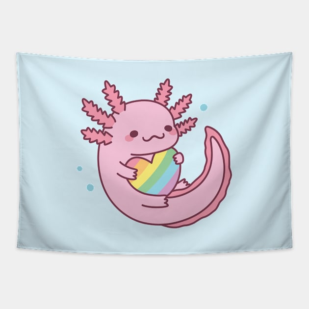 Cute Axolotl Hugging Rainbow Heart Tapestry by rustydoodle