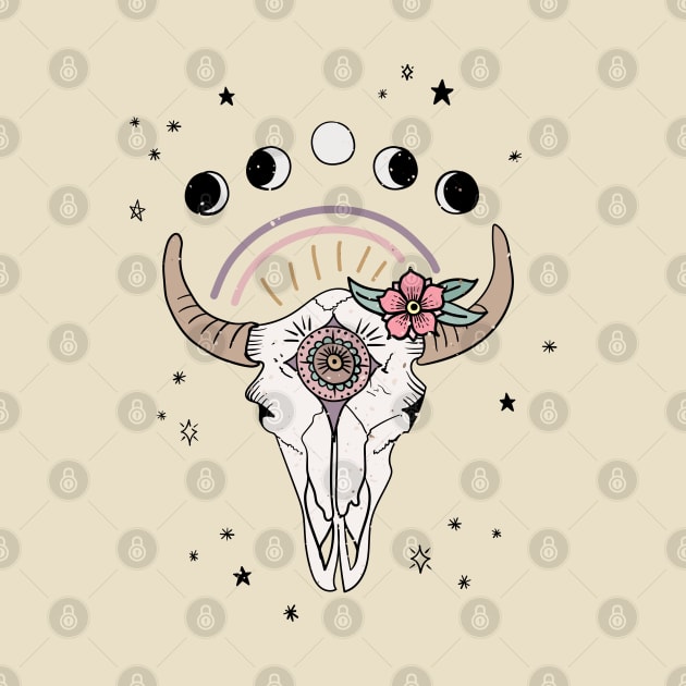 Boho Tribal Cow Skull with Flowers - blush by misentangled