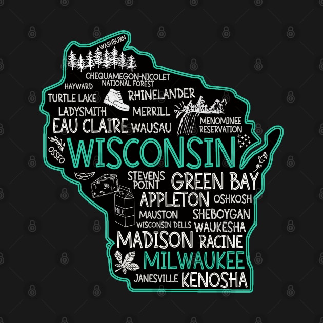 Milwaukee Wisconsin cute map, Osseo, Green Bay, Kenosha, Racine, Appleton, Waukesha, Eau Claire, Oshkosh, Janesville by BoogieCreates