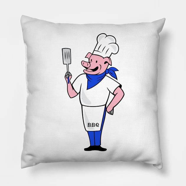 BBQ pig in apron blue Pillow by Made the Cut