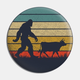 Bigfoot Walking With Cow Vintage Retro Sunset Funny Hiking Pin