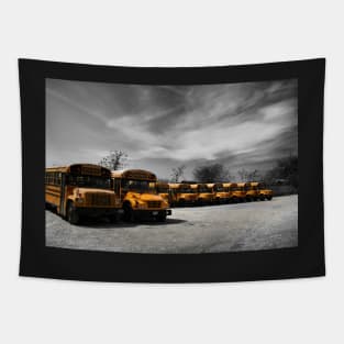 School buses waiting in a parking lot in Brooklyn, New York City Tapestry