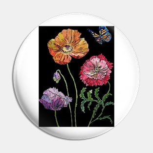 Pretty Poppies Watercolour on Black Pin