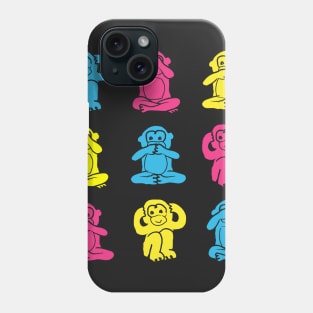 Illustration of Three Wise Monkeys in pink, blue and yellow on white background Phone Case