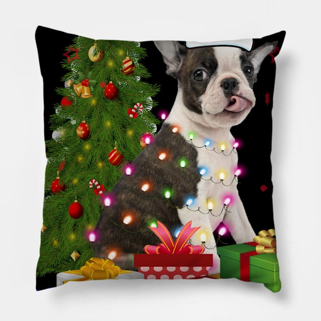 Boston Terrier Christmas Tree Santa Hat Funny Xmas Gift Dog T-Shirt Pillow by CoolTees