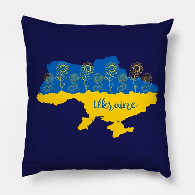 Map of Ukraine decorated with sunflower in Ukrainian flag colors and lettering Pillow by Cute-Design