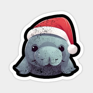 manatee in a Christmas hat distressed Magnet