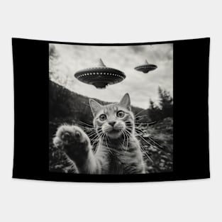 Funny Alien Cat Selfie UFO Encounter Tapestry