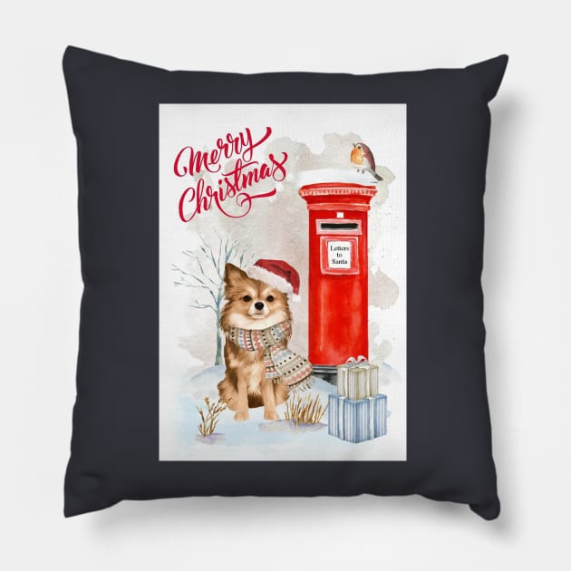 Long Haired Chihuahua Merry Christmas Santa Dog Pillow by Puppy Eyes