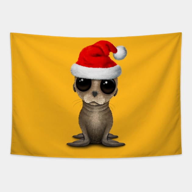 Baby Sea Lion Wearing a Santa Hat Tapestry by jeffbartels