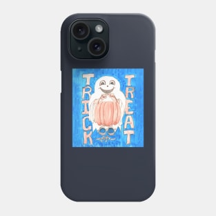 Trick or Treat Ghosty with Pumpkin Pail on Blue Background Phone Case