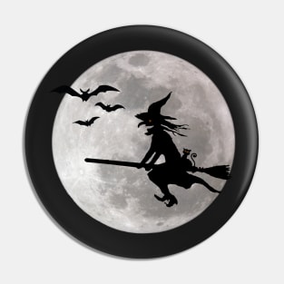 Halloween witch with cat is flying in the sky Pin