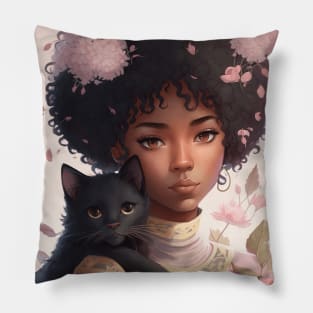 Beautiful Anime Black Girl WIth her Cute black cat Pillow