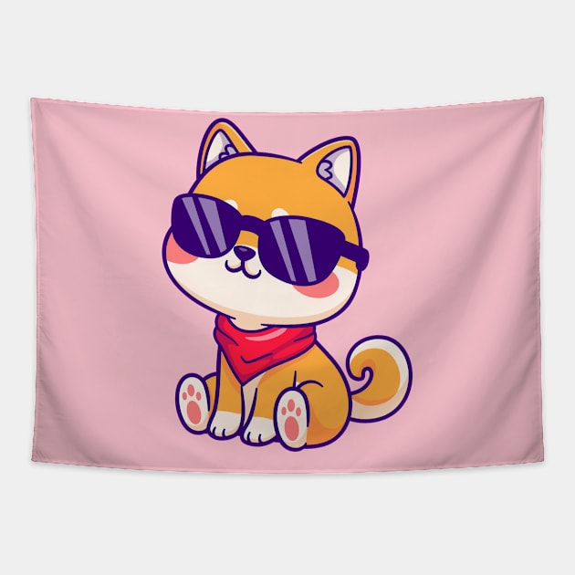 Cute Shiba Inu Sitting Wearing Glasses Cartoon Tapestry by Catalyst Labs