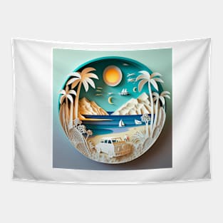 3D Effect Papercut Art - Beach Scene Tapestry