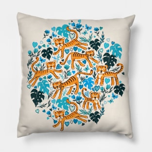 Happy Valentine Tigers with Blue Leaves and Hearts Pillow