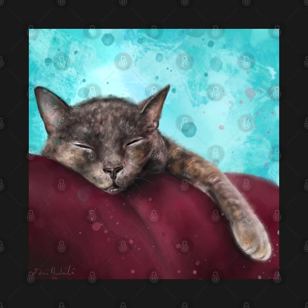 Painting of a Gray Cat Sleeping on a Red Couch on Blue Background by ibadishi