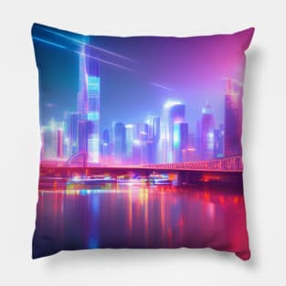 Ai Generated Art Scenery - Futuristic City With Bridge Over River Neon Lights Pillow