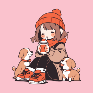 Cute dog mom drinking hot chocolate with her dogs T-Shirt