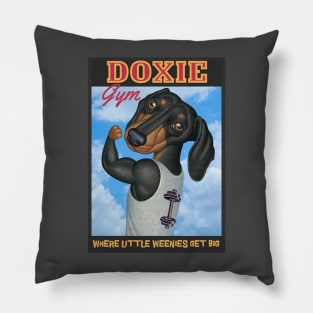 Cute Doxie at the gym where little weenies get big Pillow