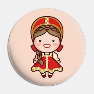 Cute Russian Village Girl in Traditional Clothing Cartoon Pin