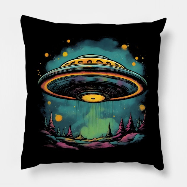 Flying Saucer Ufo Colorful Vintage Style Pillow by Ravenglow