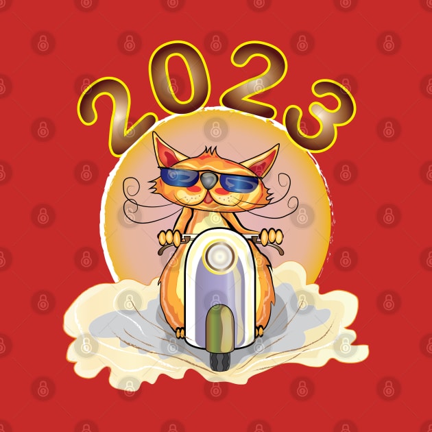 cat riding a scooter new year 2023 by ArticArtac