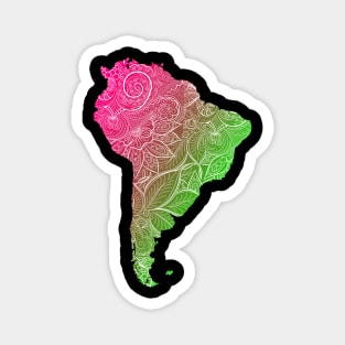 Colorful mandala art map of South America with text in pink and green Magnet