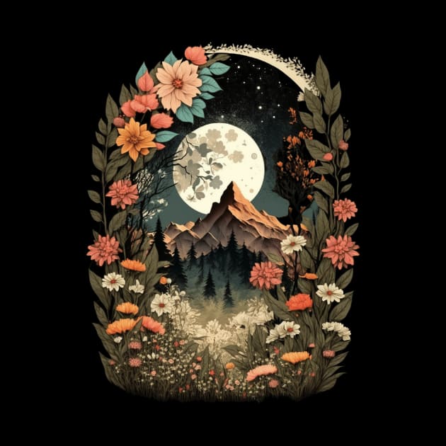 Boho Chic Floral Moon Mountain Forest Nature Retro Flower by Kertz TheLegend