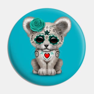 Teal Blue Day of the Dead Sugar Skull White Lion Cub Pin