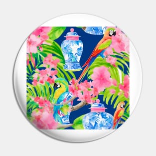 Macaw parrots and chinoiserie jars on navy blue Pin