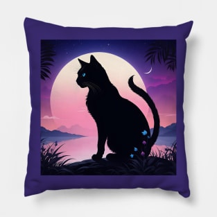 Black cat silhouette with moon Pillow