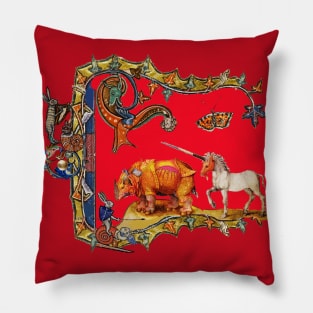 WEIRD MEDIEVAL BESTIARY IN RED ,DRAGON,UNICORN,RHINO AND KILLER RABBIT Pillow