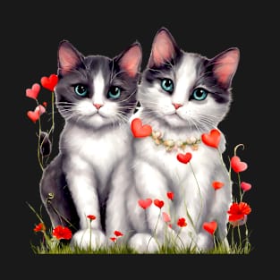 Irresistible Double Cats With Hearts Art T-Shirt