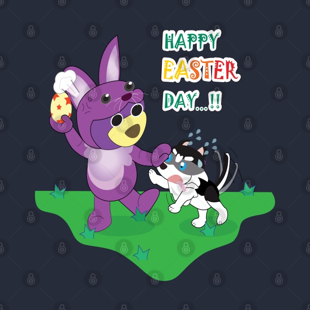 Happy easter's day, Bunny easter, Mr. Purple bear in Bunny easter costume with easter egg, Snowy the husky want to get easter egg, little husky dog, cute puppy, dog lover. by Figaro-17