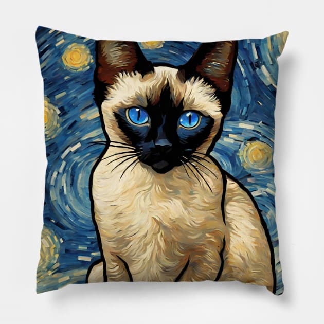 Siamese Cat Breed Painting in a Van Gogh Starry Night Art Style Pillow by Art-Jiyuu