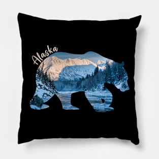 Winter Alaska Grizzly Bear Alaska Mountain Silhouette Pillow