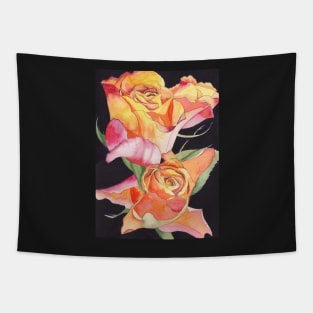 Pink and Yellow Roses watercolour painting with a dark background. Tapestry