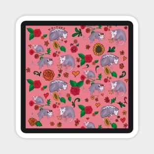 Trash Royalty Salmon Pink Possums With Floral Print Cute Animals With Flowers Magnet