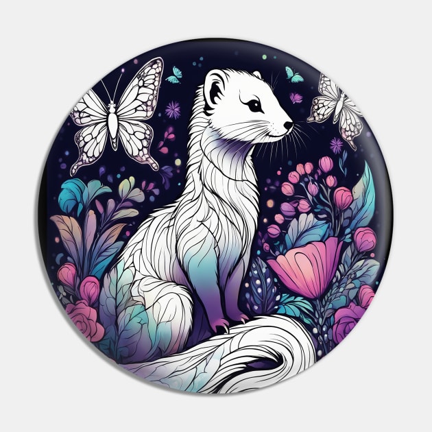 Ferret In Cottage Core and Filigree Style Art Pin by BirdsnStuff