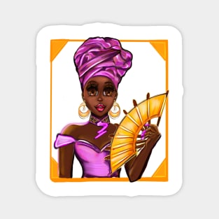 Queen Black is beautiful Anime Manga black girl with fan, Purple headdress, necklace, earrings, gold dress and head wrap, brown eyes and dark brown skin ! Magnet