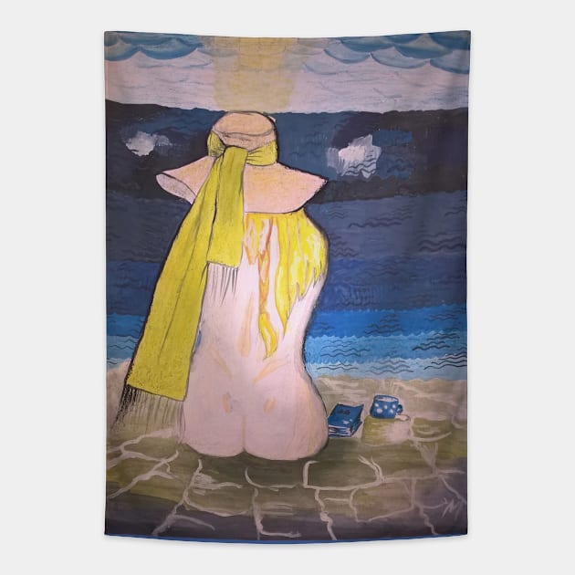 Naked girl on the beach. Handmade drawing. Tapestry by Maltez