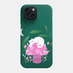 Cute white cat sleeping, mushroom and curious flowers version 3 Phone Case