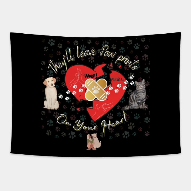 Pet lover Dog and Cat Paw prints on Your heart Tapestry by The Shabby Rose